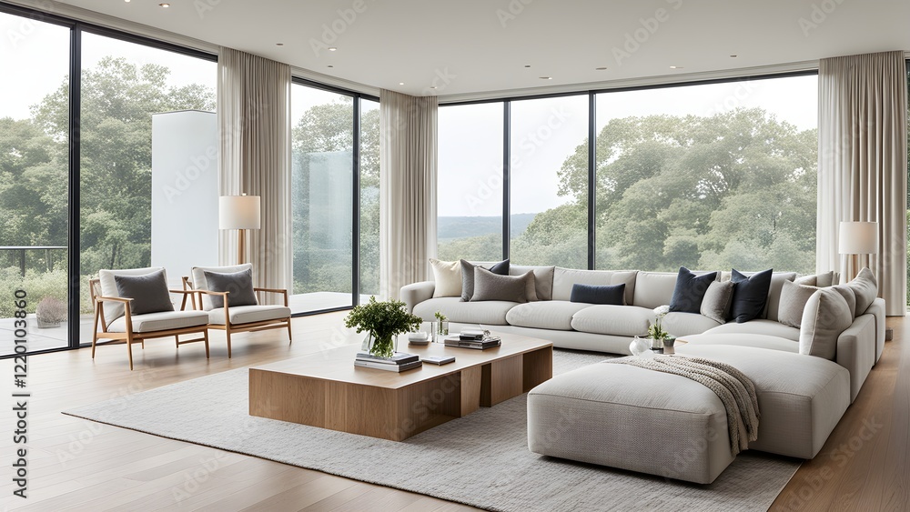 Modern living room with large sectional sofa, wooden coffee table, and floor-to-ceiling windows offering a serene wooded view. Modern living room with large sectional sofa, wooden coffee table, and floor-to-ceiling windows offering a serene wooded view.