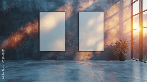 Two empty white vertical poster mockups with dappled light on gray concrete wall for advertising and brand design.