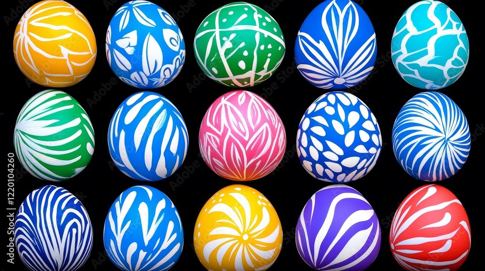 Fototapeta premium Colorful Easter Eggs with Abstract Designs on Black Background
