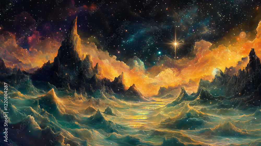 Obraz premium Cosmic Landscape with Golden Mountains and Sparkling Stars