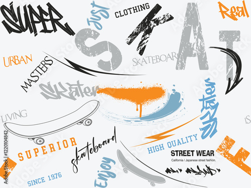 Abstract seamless pattern skate graffiti slogan print, skate pattern t shirt print, dry brush ink artistic modern calligraphy slogan, typography street art graffiti slogan print with spray effect.eps