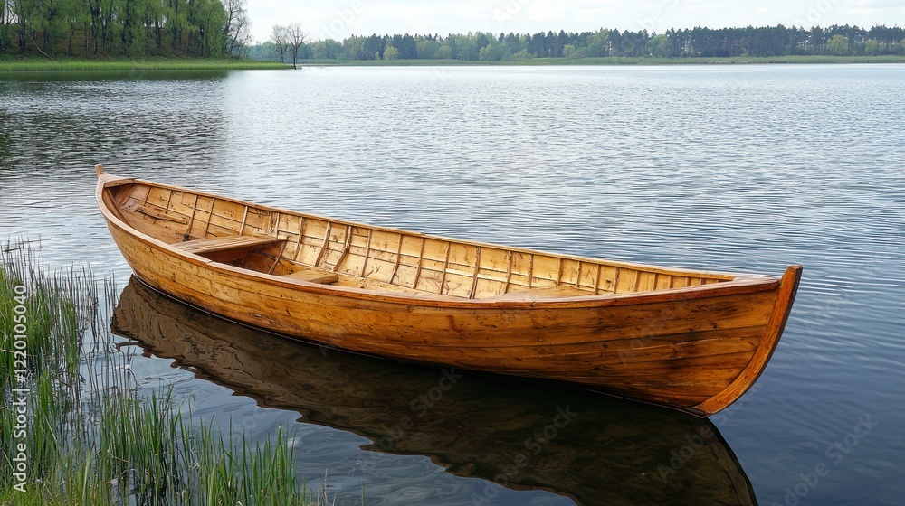 Obraz premium Serene Wooden Rowboat on Calm Lake