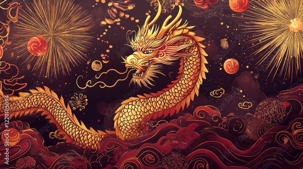 Create a beautiful Chinese New Year card featuring a golden dragon and intricate patterns of fireworks, Create a beautiful Chinese New Year card featuring a golden dragon and intricate patterns of fireworks,