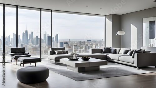 Modern gray living room with panoramic city view and sectional sofa.