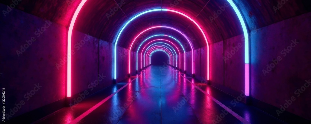 Dark tunnel illuminated by glowing neon lights, darkness, glow Dark tunnel illuminated by glowing neon lights, darkness, glow