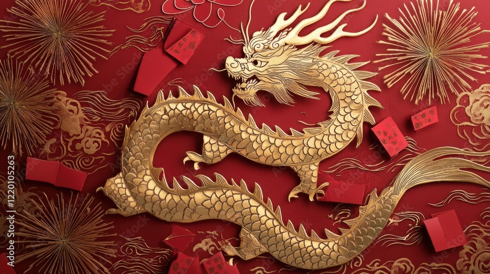 Obraz premium Create a beautiful Chinese New Year card with elegant gold foil detailing, depicting a dragon,