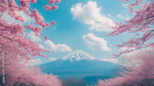 The stunning view of Fuji Shibazakura Festival, a vast expanse of bright pink shibazakura flowers surrounding the majestic backdrop of Mount Fuji with its snowy peaks photo