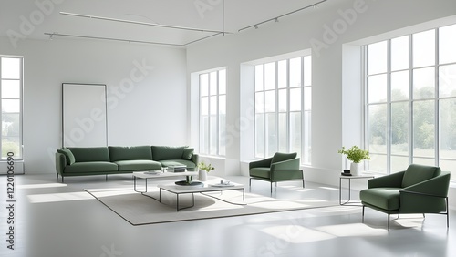 Modern minimalist living room with olive green sofa and armchairs, large windows, and white walls.