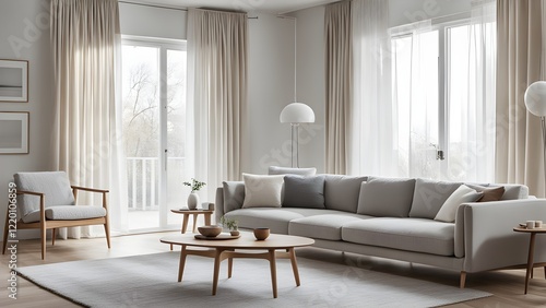 Modern living room interior with light grey sofa, wooden coffee table, and light beige curtains.