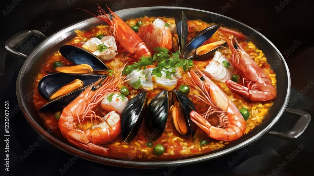 Traditional Spanish paella with seafood and rice. Featuring a vibrant and flavorful dish. Highlighting the texture and presentation of the paella. Ideal for food and cultural themes. Traditional Spanish paella with seafood and rice. Featuring a vibrant and flavorful dish. Highlighting the texture and presentation of the paella. Ideal for food and cultural themes.