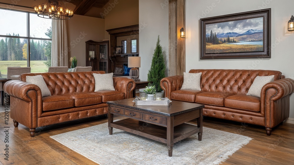 Fototapeta premium Elegant Living Room with Leather Sofas and Classic Decor