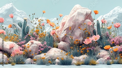 Whimsical pastel desert scene with pink rocks, cacti, and vibrant flowers on a light blue background is suitable for fantasy design themes, creative prints, and modern decor. photo