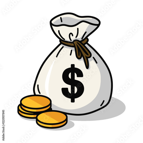 Cartoon illustration of a money bag with coins. A cute and vibrant design featuring a sack filled with gold coins, symbolizing wealth and savings. Vector illustration.