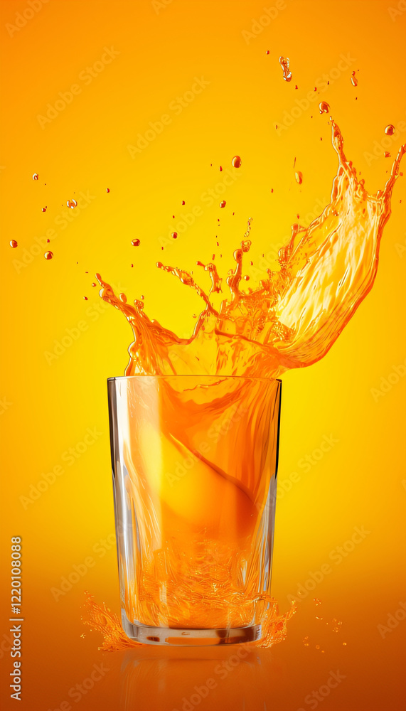 Glass of Orange Juice with Dynamic Splash on Vibrant Background Glass of Orange Juice with Dynamic Splash on Vibrant Background