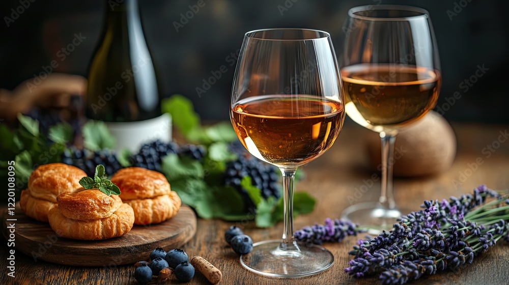 White wine and pastries on a rustic table with lavender. Enjoying lunch at a winery with fresh flavors. White wine and pastries on a rustic table with lavender. Enjoying lunch at a winery with fresh flavors.
