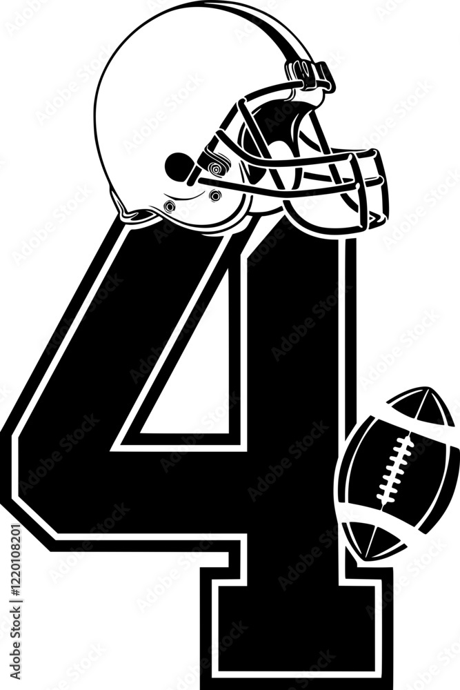 Football helmet and ball with number 4, Black and white sports graphic featuring a football helmet and ball integrated with the number 4, symbolizing teamwork, strategy, and competition.
Football helmet and ball with number 4, Black and white sports graphic featuring a football helmet and ball integrated with the number 4, symbolizing teamwork, strategy, and competition.