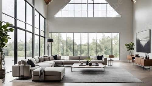 Modern living room with large windows, a spacious sectional sofa, and stylish wooden furniture, showcasing a bright and airy interior design.