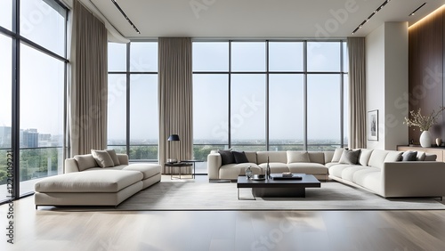 Modern, light beige sectional sofa and coffee table in a luxury penthouse living room with floor-to-ceiling windows offering panoramic city views.