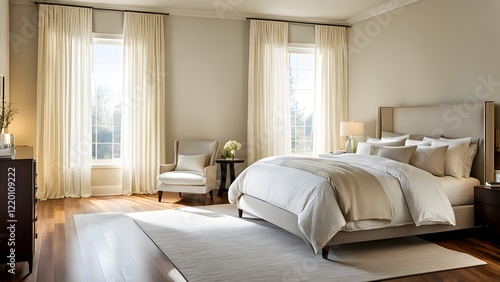 Luxurious beige bedroom interior with king-size bed, sheer curtains, and hardwood floors.