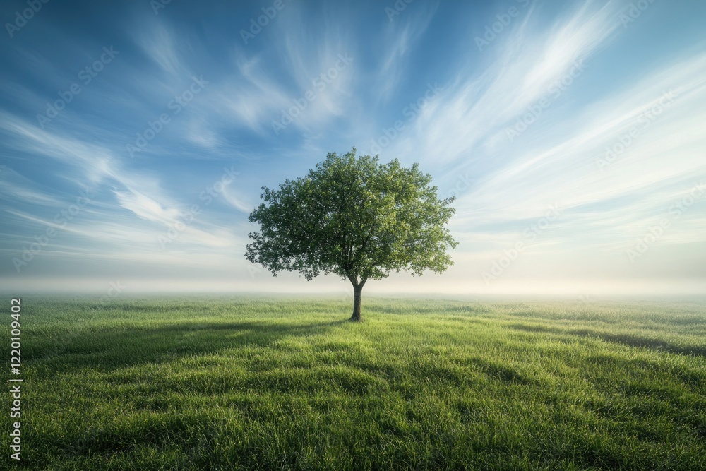 Obraz premium A solitary tree in the center of an expansive, grassy field, standing tall under a soft blue sky, with wisps of clouds and light shadows cast over the fresh, green landscape.