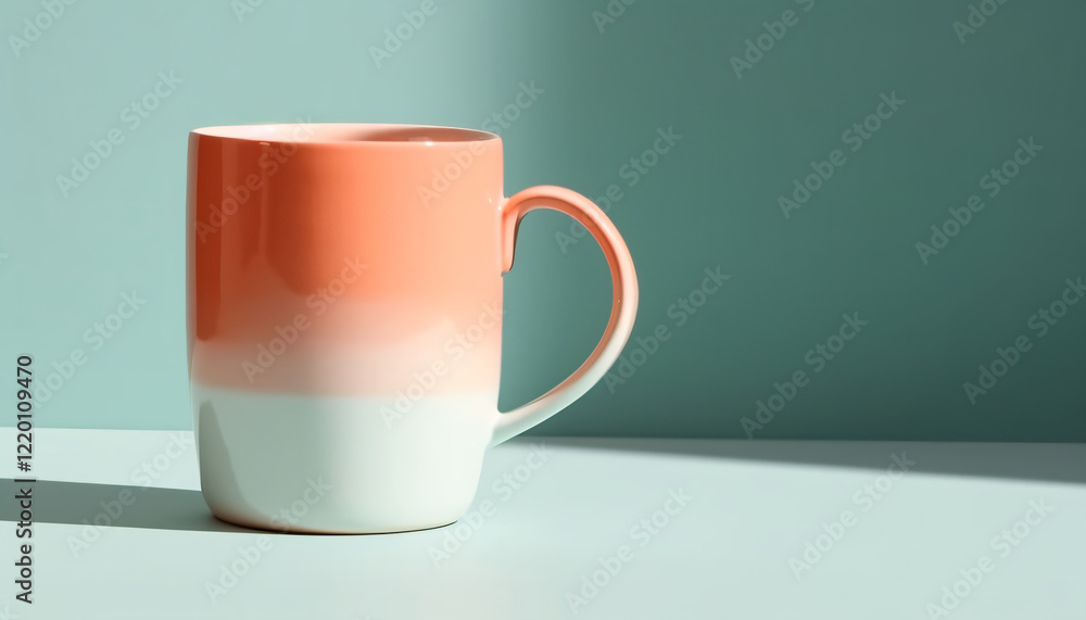 Obraz premium A bold teal colorful ceramic mug on a terrazzo surface, with a trendy urban background and minimal design elements.