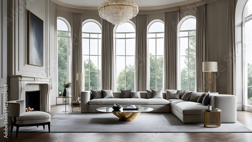 Luxurious contemporary living room interior with a large sectional sofa, a statement coffee table, and floor-to-ceiling arched windows offering abundant natural light.