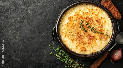 Wallpaper Mural Creamy cheese and onion gratin in a rustic baking dish, topped with golden breadcrumbs and fresh thyme Torontodigital.ca