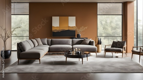 Modern living room interior with a grey sectional sofa, wooden armchairs, and a minimalist coffee table, set against a warm brown wall and large windows overlooking a tranquil landscape.