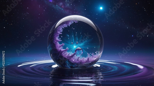 A mysterious crystal ball floats on the surface of calm water, with a sparkling galaxy in the background.