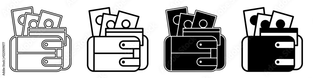 Black and white illustration of a wallet. Wallet icon collection with line. Stock vector illustration. Black and white illustration of a wallet. Wallet icon collection with line. Stock vector illustration.