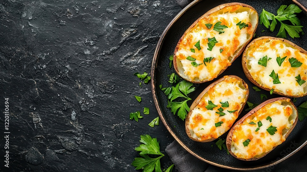 Crispy cheese and onion stuffed potato skins on a rustic plate, garnished with melted cheese and fresh parsley Crispy cheese and onion stuffed potato skins on a rustic plate, garnished with melted cheese and fresh parsley