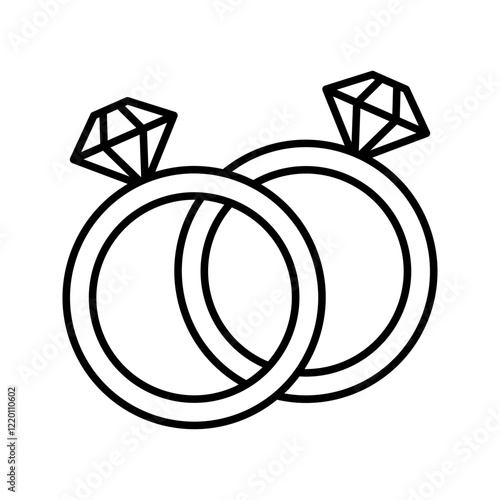 Wedding rings linear icon. Thin line illustration. Interlocked wedding ring with diamond contour symbol. Vector isolated outline drawing