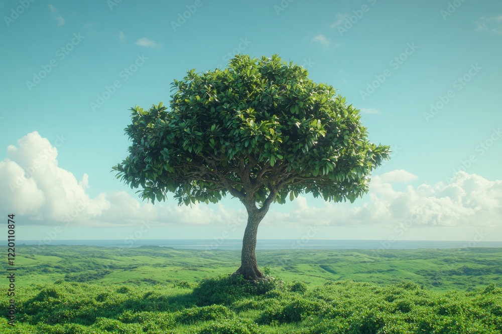 Obraz premium A solitary tree with a sturdy trunk and lush foliage, standing proud amidst a green expanse under an open sky, where the horizon stretches far and wide, giving a sense of peace.