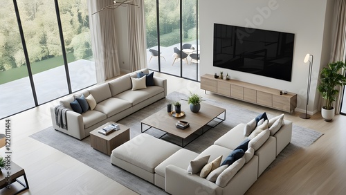 Modern minimalist living room with large sectional sofa, coffee table, and flat-screen TV overlooking a lush green landscape.