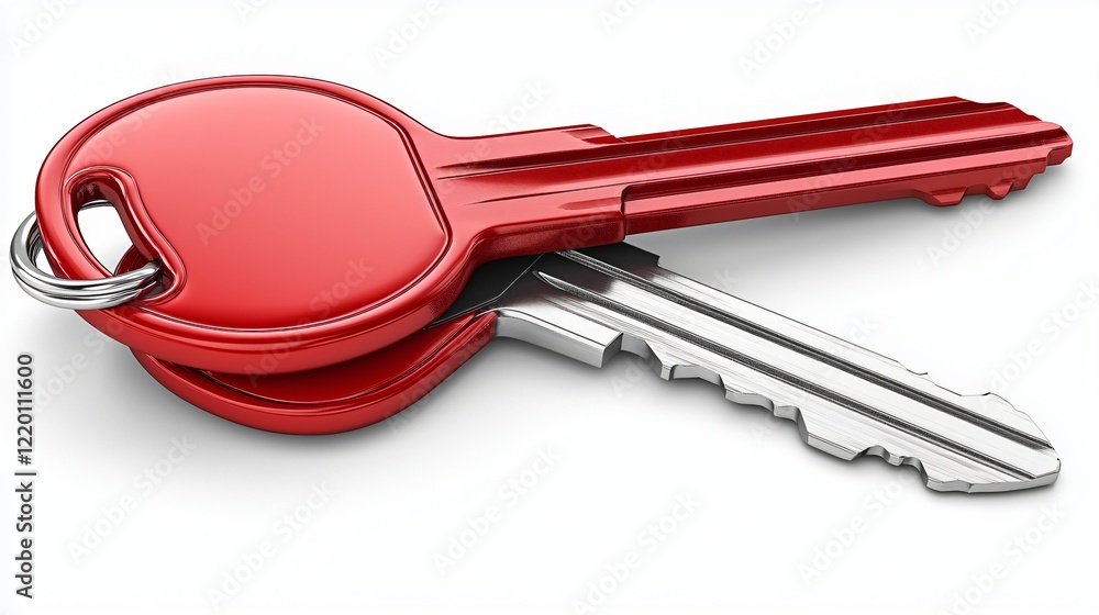 Two keys, one red, one silver, on a white surface, used for access Two keys, one red, one silver, on a white surface, used for access