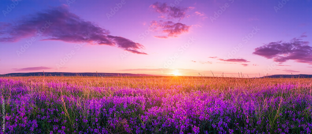 Fototapeta premium Panoramic sunset over a field of purple wild grass and flowers, with the foreground in sharp focus. Made with generative AI