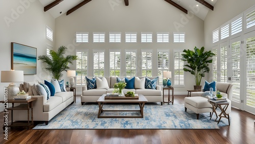 Spacious living room with high ceilings, large windows with white shutters, beige sofas and armchairs, blue and white throw pillows, and a blue and beige area rug.