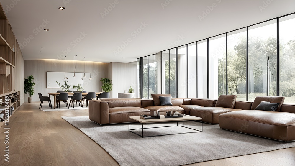 Fototapeta premium Modern living room interior design with large leather sectional sofa, dining area, and floor-to-ceiling windows overlooking a lush green landscape.
