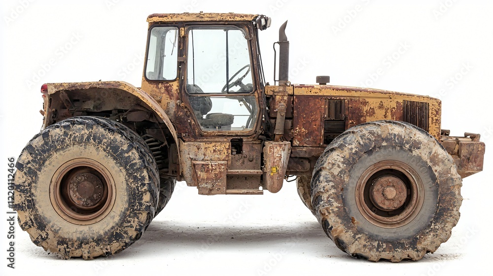 Old yellow rusty tractor parked on a white background, for farming use Old yellow rusty tractor parked on a white background, for farming use