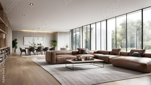 Modern living room interior design with large leather sectional sofa, dining area, and floor-to-ceiling windows overlooking a lush green landscape.