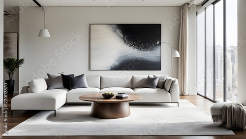 Modern, minimalist living room interior with a light beige sectional sofa, a round wooden coffee table, and large abstract artwork.