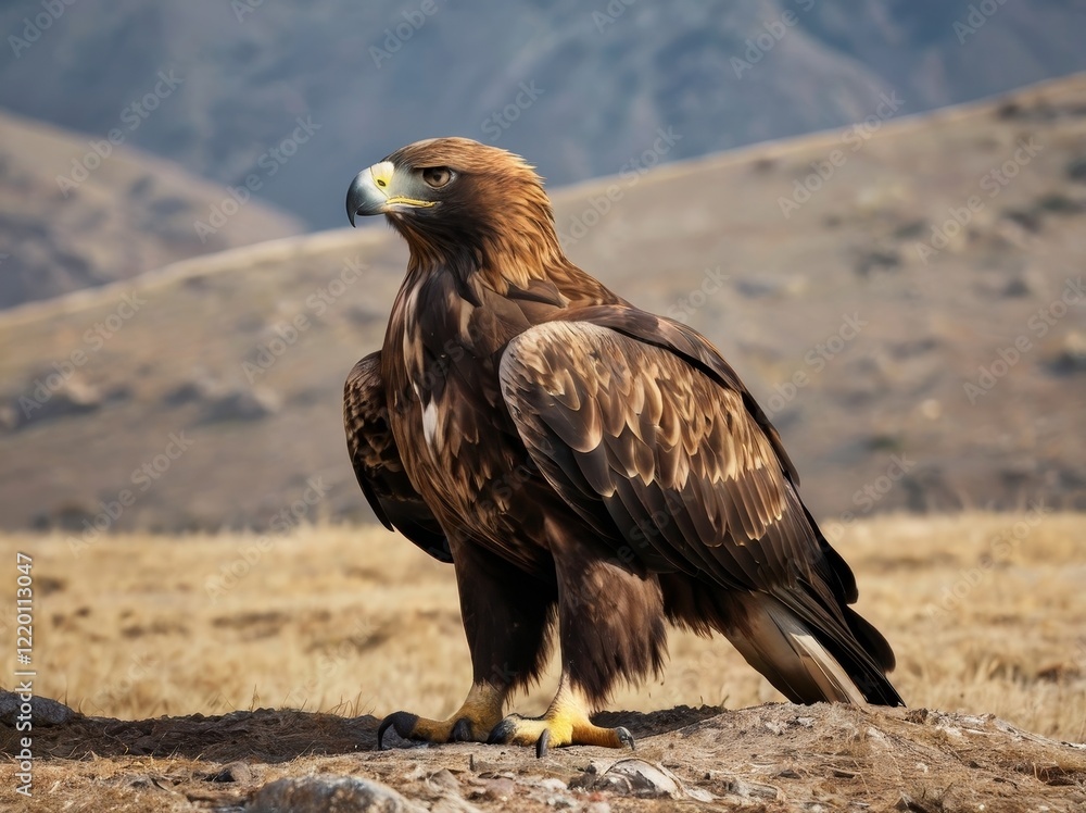 Fototapeta premium Golden Eagle With its golden-brown plumage and sharp eyes, the Golden Eagle is one of the most iconic and widespread raptors, often seen soaring gracefully over mountains and plains. Full body 