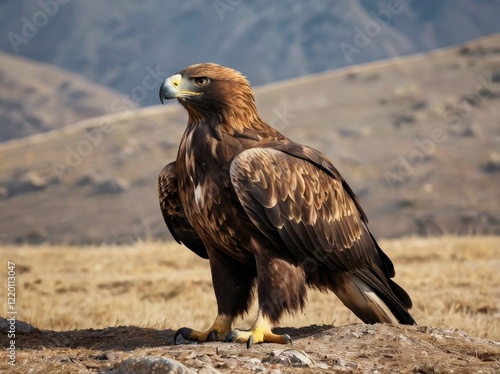 Golden Eagle
With its golden-brown plumage and sharp eyes, the Golden Eagle is one of the most iconic and widespread raptors, often seen soaring gracefully over mountains and plains. Full body  photo