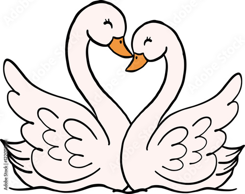 Retro Love Swans with Red Bow in love Doodle Hand Drawn