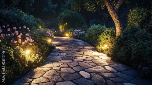 Fototapeta Naklejka Na Ścianę i Meble -  A stone-paved garden pathway at night, lit by small, ambient ground lights. The path is lined with dense bushes and flowers, with tall trees looming over, casting gentle shadows across the walkway.