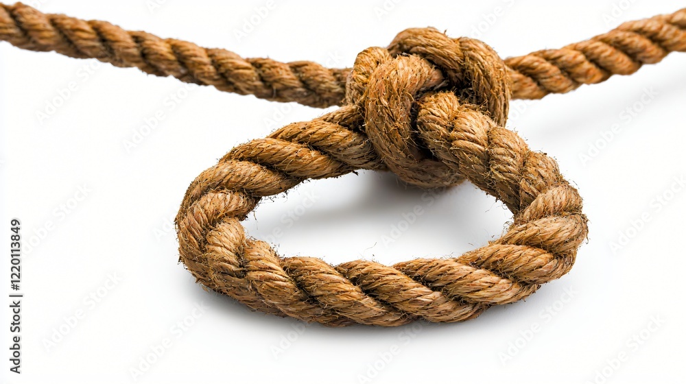 Brown rope with knot on white background for nautical, crafts, or construction Brown rope with knot on white background for nautical, crafts, or construction