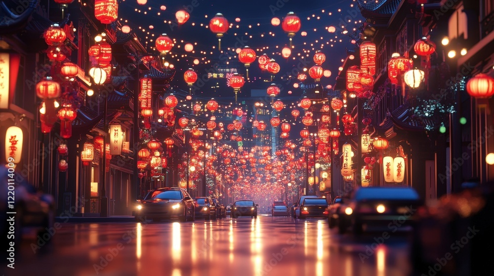 Obraz premium image of a bustling street decorated with rows of red lanterns during the Chinese New Year,