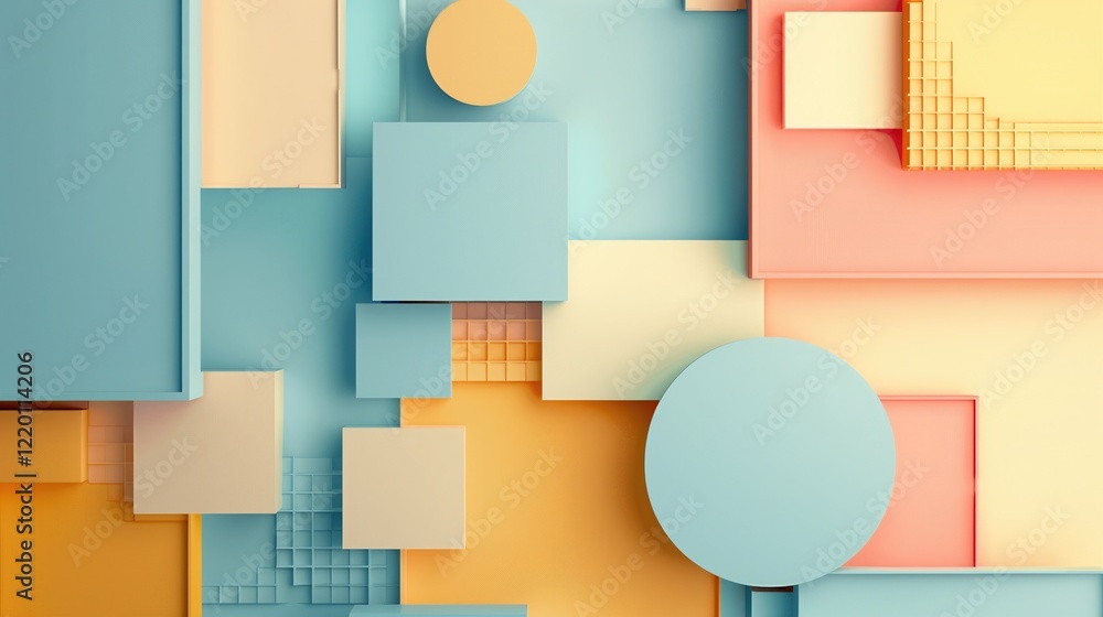 Visually, the abstract 3d composition of overlapping different colored geometric shapes creates a sense of depth and dimensionality Visually, the abstract 3d composition of overlapping different colored geometric shapes creates a sense of depth and dimensionality