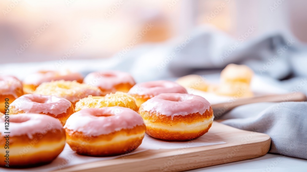 Delicious donuts on a wooden board with a soft background. Delicious gourmet snack. Delicious donuts on a wooden board with a soft background. Delicious gourmet snack.