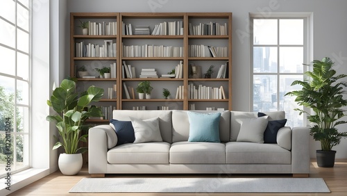 Modern living room interior with light beige sofa, wooden bookcase filled with books and plants, and large windows offering a city view.
